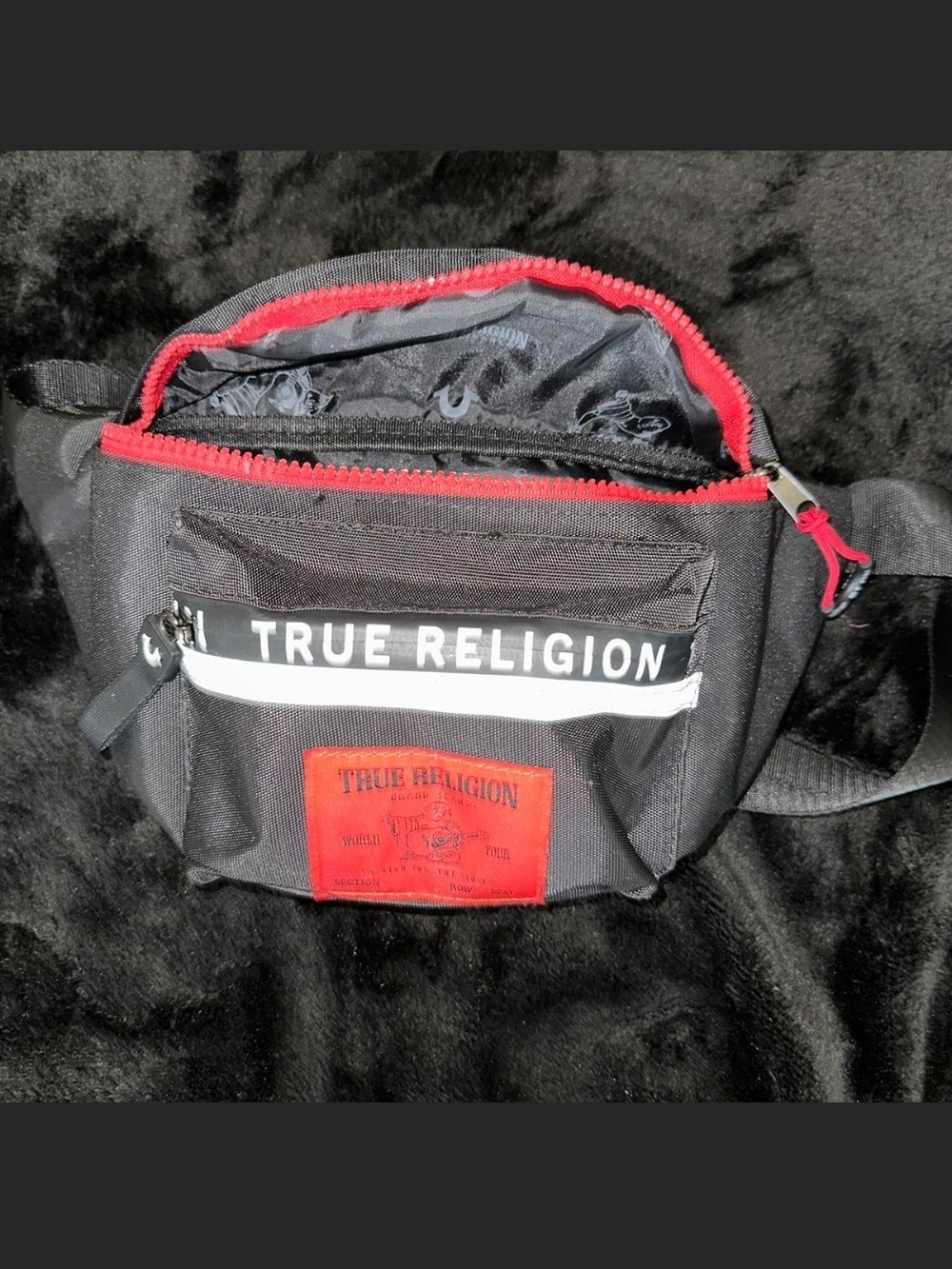 True Religion Black Belt Bag Fanny Pack with OG Red Accents & White Stripe Logo